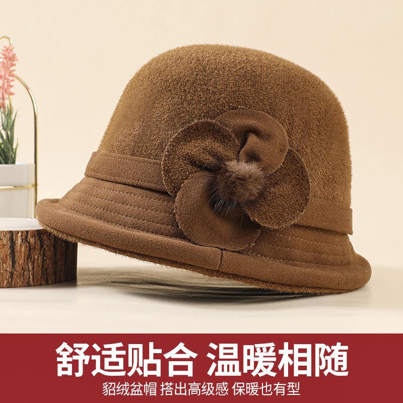 

Autumn and winter new mink bucket hat women s warm elegant British retro basin hat temperament versatile show a small face one size fits all бордовий