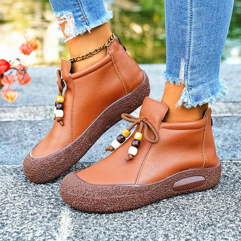 New Leather Ankle Boots Woman Waterproof Shoes Ladies Wide Fit Short Bottes Femmes Oxfords Botines Brown Booties Botas Mujer