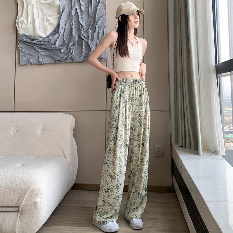 Women's 2026 Summer Ink Painting Wide-Leg High-Waisted Checkered Ice Silk Pants