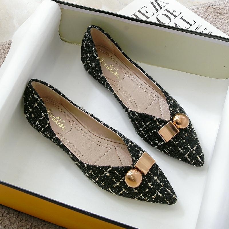 

Женские туфли на плоской подошве черного абрикосового цвета, женские туфли на плоской подошве для повседневного использования, рабочая обувь с острым носком, размер 31–46, новинка с металлическим украшением