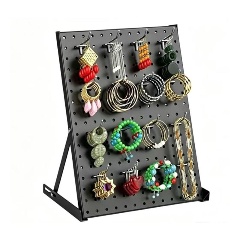 Metal Jewelry Display Rack with Open Pegboard Panel, 16 Movable Hooks and Adjustable Viewing Positions for Tabletop Retail and Craft Fair Displays