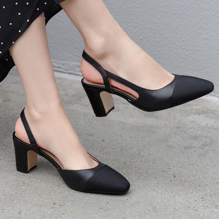 French Chunky Heel Color Block Backless Open Toe Sandals, Size 44, Women's Flats In Little Xiang Style.