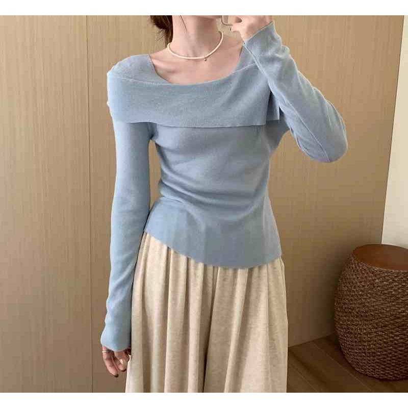 

Sweet one-word shoulder square neck long-sleeved women s top autumn new slim-fit knitted sweater sweater with base One Size синий