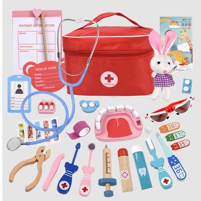 Wooden Simulation Play House Red Cloth Bag Medical Bag Medicine Box Role Play Toy