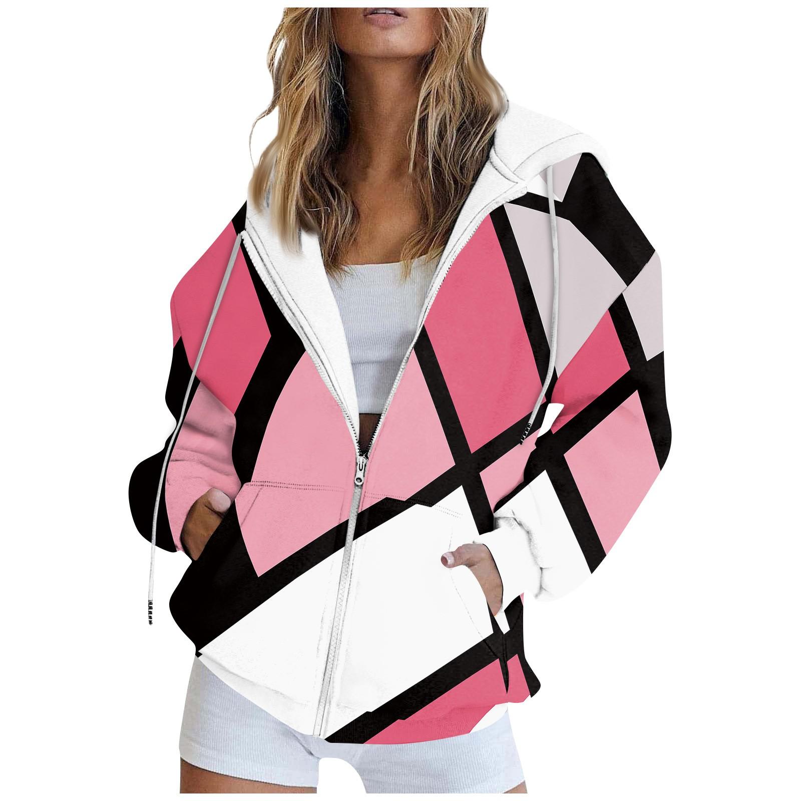 

Женская модная повседневная толстовка с принтом и длинным рукавом с карманом, кардиган, куртка, пальто с капюшоном на молнии XL розовый