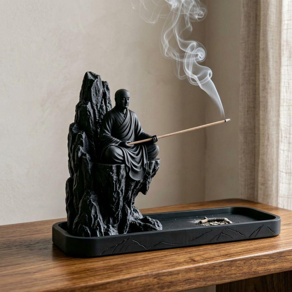 3D Printed Zen Monk Stick Incense Holder Chinese Style Mountain Cliff Monk Figurine Censer Simulated Plastic