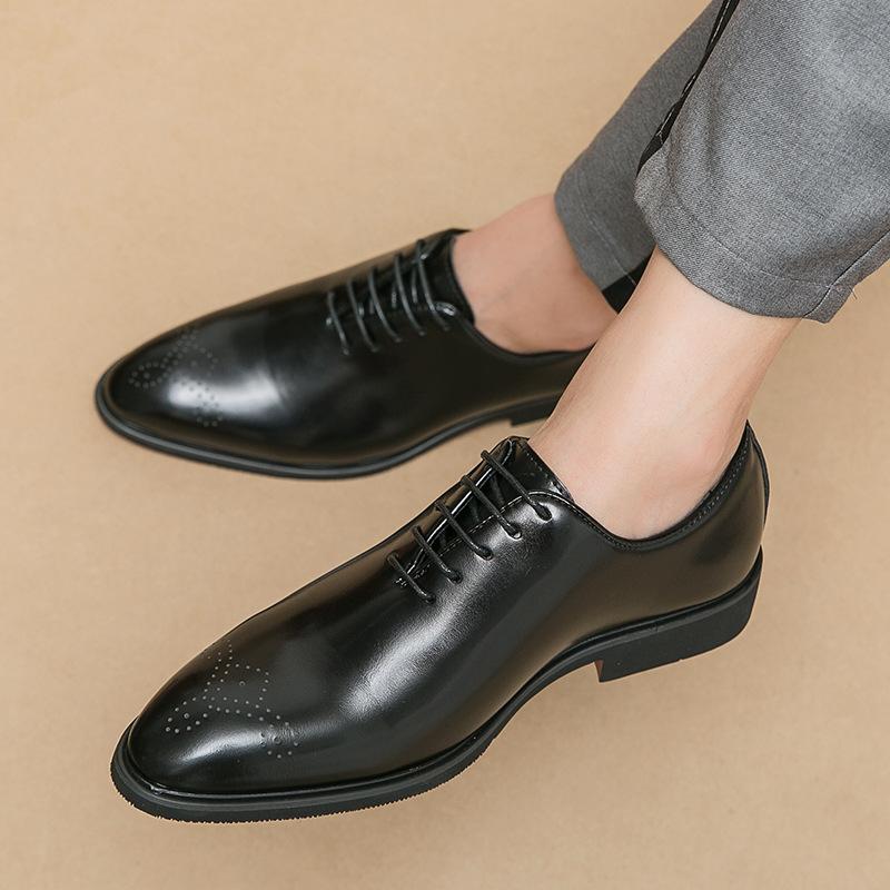 Business Leather Shoes Men's Dress Wedding Groom Autumn Casual Pointed Lace-Up Brock Derby Shoes