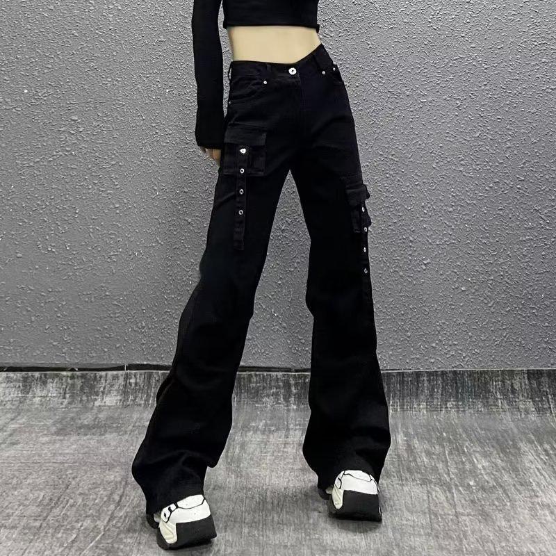 Women's Multi-Pocket High Waist Workwear Jeans - Autumn Loose Slimming Straight Leg, Versatile Wide-Leg Floor-Length Pants