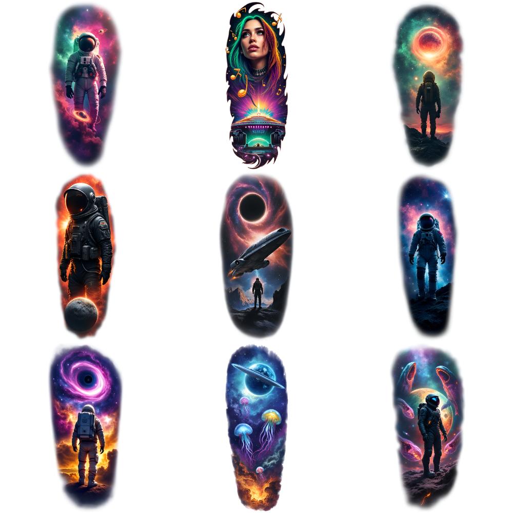 9pcs Temporary Tattoo Spaceship Colorful Realism Black Hole Planet Waterproof Long-lasting Body Stickers Alien For Men Arms