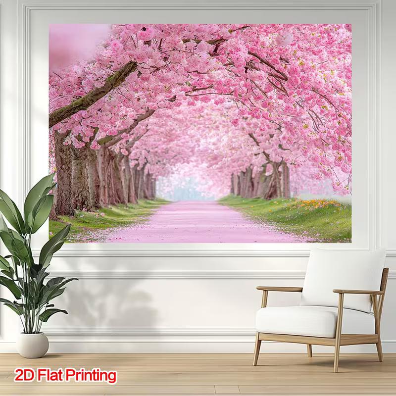 2D Flat Print Cherry Blossom Tapestry, Sakura Tree Tunnel Wall Backdrop for Photoshoot