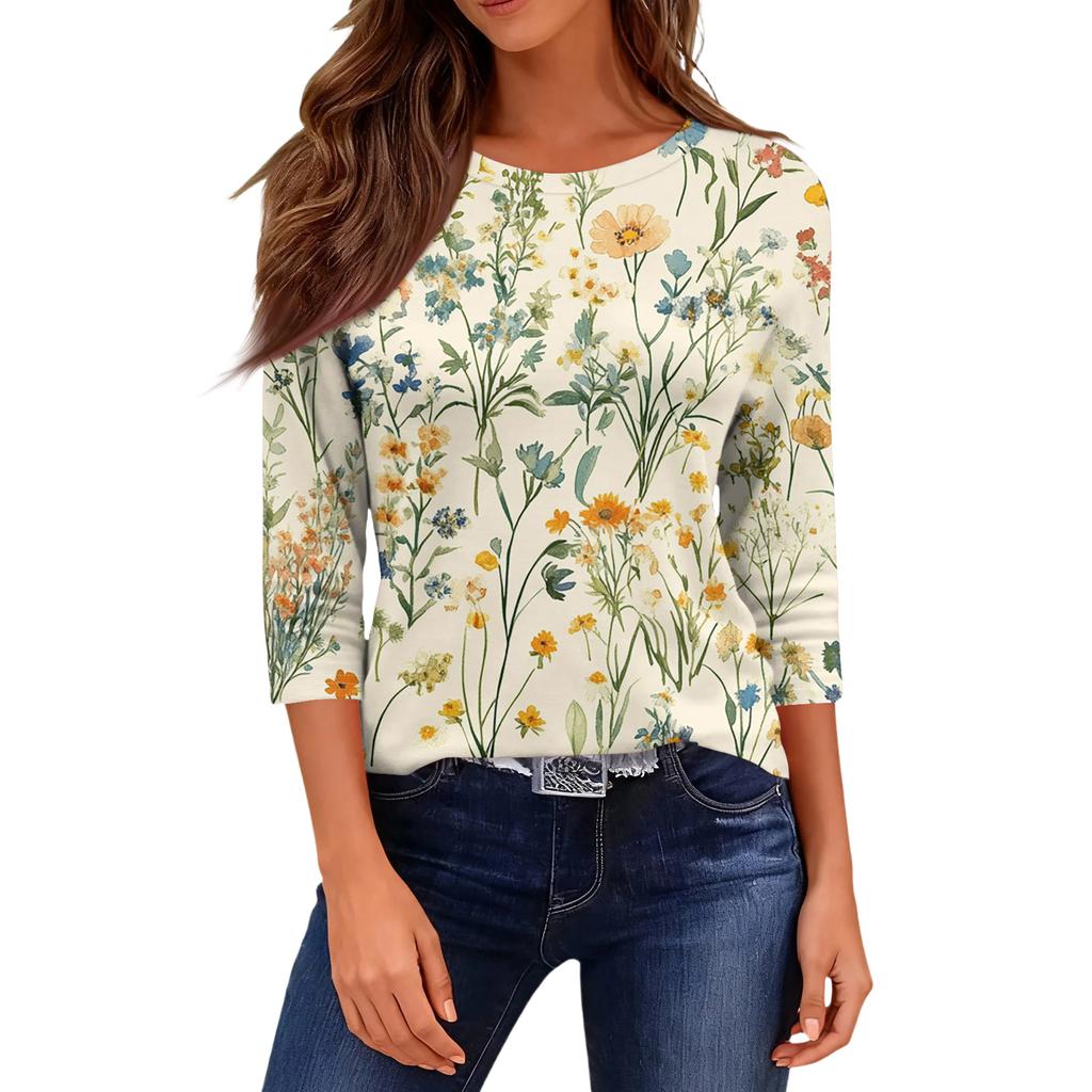 Women's Fashionable Casual Round Neck T-Shirt With Floral Print And Three-Quarter Sleeves