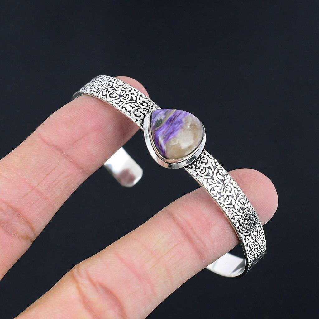 Halloween Deal 925 Sterling Silver Pear Charoite Stone Anniversary Wife Bangle