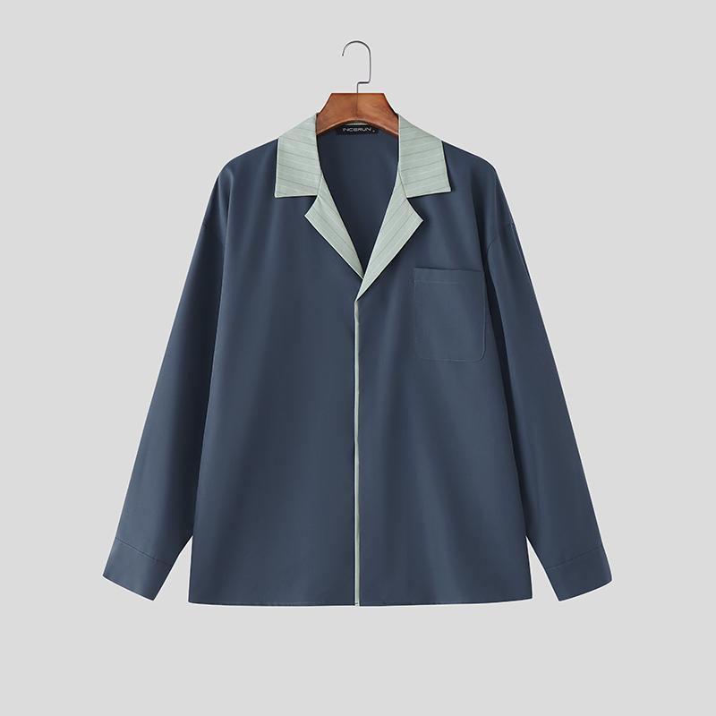 

INCERUN Мужские рубашки оверсайз с длинным рукавом, пэчворк, на пуговицах, повседневные, свободные, топы 5XL темно-синий