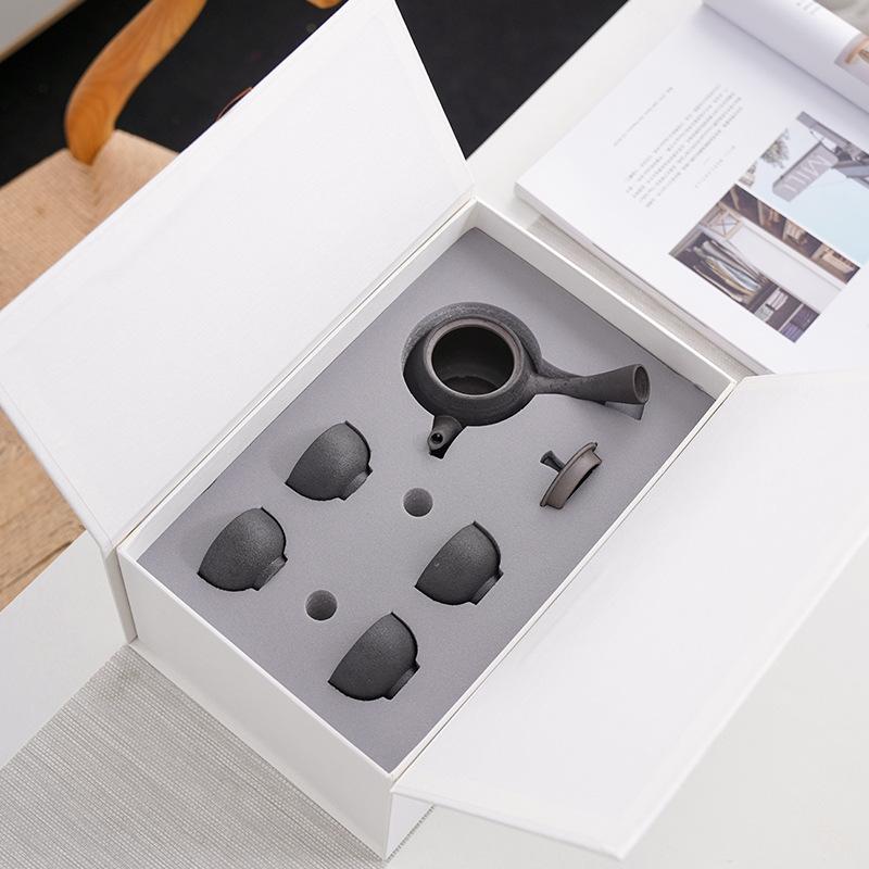 Black pottery travel kung fu tea set, ceramic simple 1 pot 4 cups gift box gift