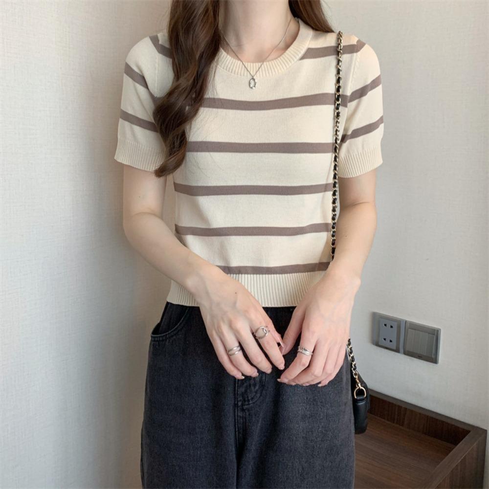 Striped Knitted Short SleeveTWomen's Summer T-shirt2023New Design Sense Niche Slim-Fit Slimming Shoulder Short Tops