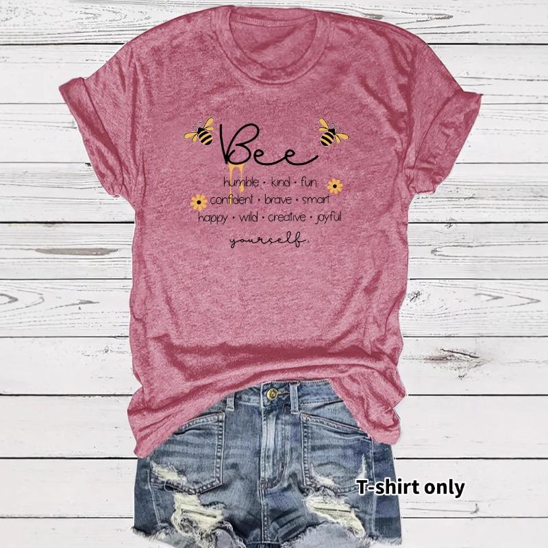 Women's Casual and Fashionable T-shirt with A Round Neck and Short Sleeves Featuring Bee and Letter Patterns