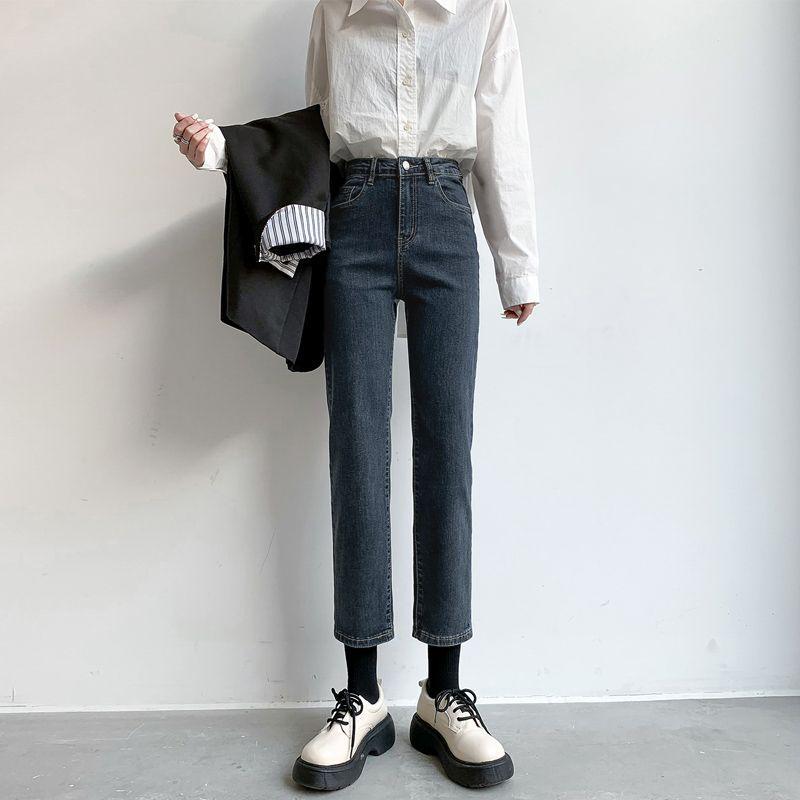 2025 Women's High-Waisted Straight-Leg Jeans, Versatile Korean Style, Loose & Slimming Nine-Point Fit for Spring & Fall