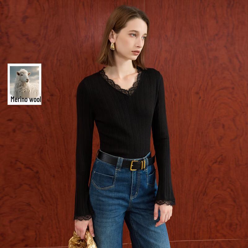 Sancai Women's Slim Fit Lace Trim V-Neck Knit Sweater