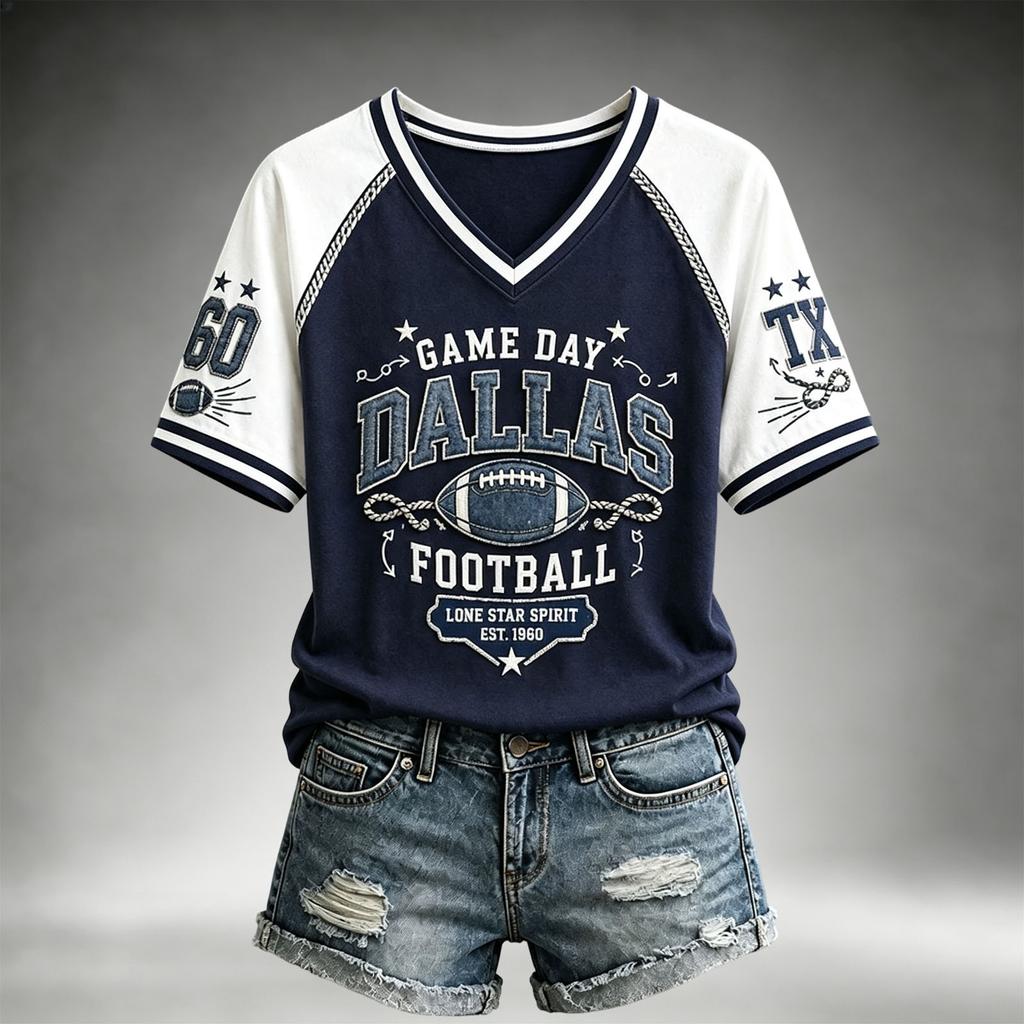 Women's Casual V-Neck Short Sleeve Tee with Football Team Print, Lightweight Breathable Summer Top