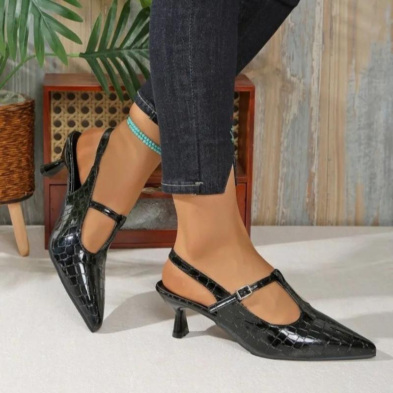 Advanced Sense Solid Color Baotou Buckle Strap Women's Sandals Shoes for Women 2025 Summer New Pointed Toe Ladies High Heels