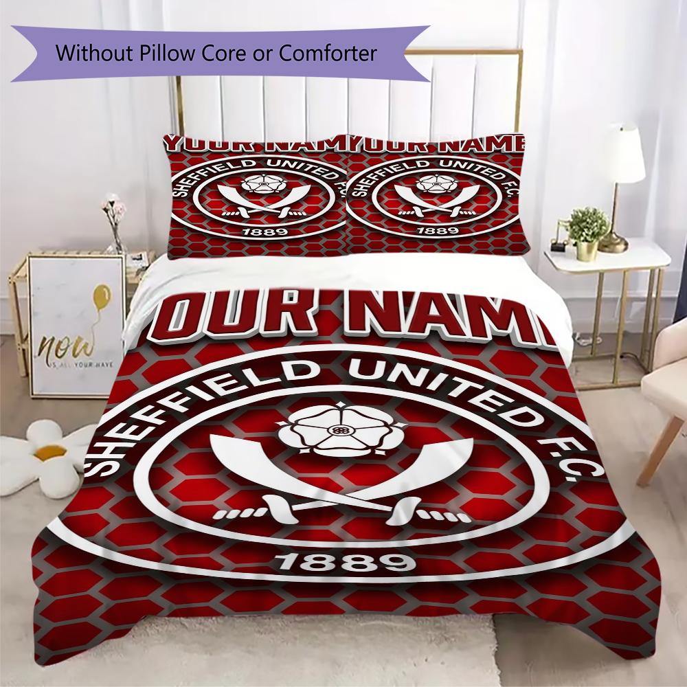Benutzerdefinierter Name Sheffield United FC Muster Bettwäsche Steppdecke Set Steppdecke Bezug Kissenbezug Heimdekoration Geburtstagsgeschenk (1*Bettbezug+2*Kissenbezug ohne Füllung)