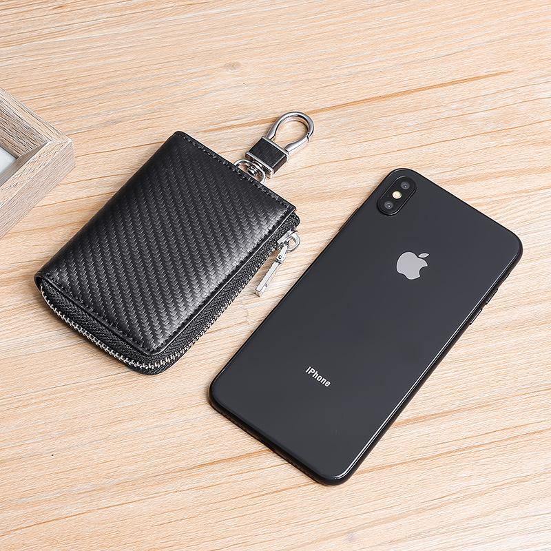 Multifunctional Leather Household Key Bag Men's and Women's Zipper Carbon Fiber Pattern Car Door Key Bag 2-in-1 Key Bag