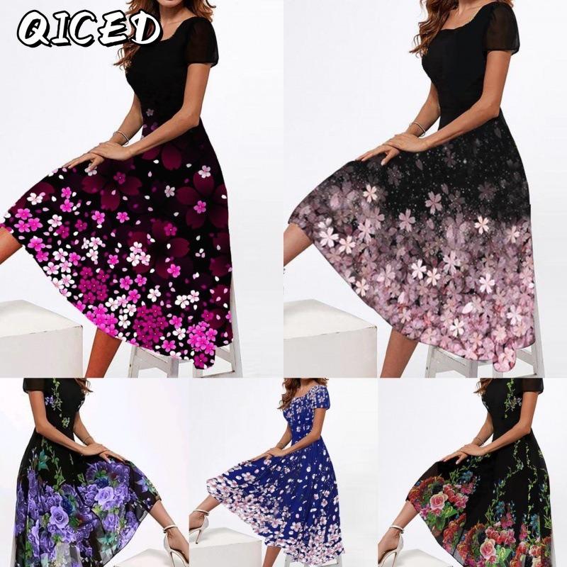 QICED Fashion Summer Spring Short Sleeve O-Neck Casual Dresses