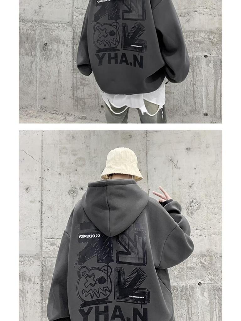 Men's Plus Velvet Hooded Sweatshirt - Large Size, Autumn/Winter, Hip-Hop Style, Trendy Loose Fit, American-Inspired.