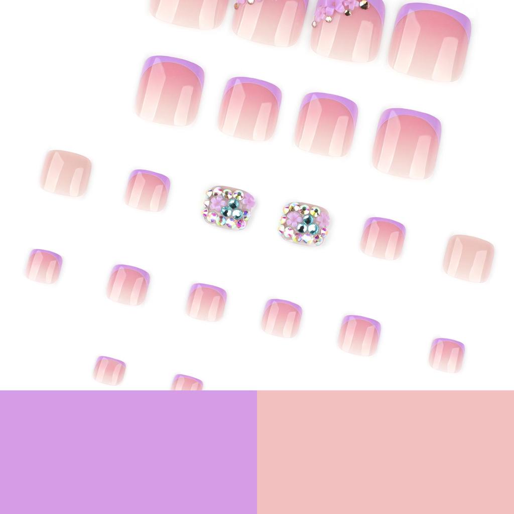 Purple French Toenail Art Stickers with Rhinestones - Short Square Design, Super Sparkle & Wearable