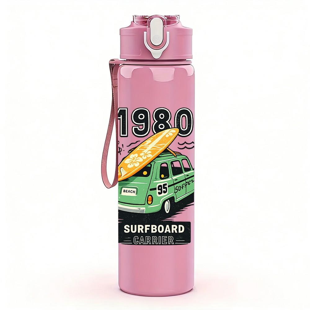 1PC 1980 Retro Camper Van Vintage Print 750ml Color Plastic Sports Water Bottle Leakproof Flip Straw Lid Suitable for Sports Office Home Use