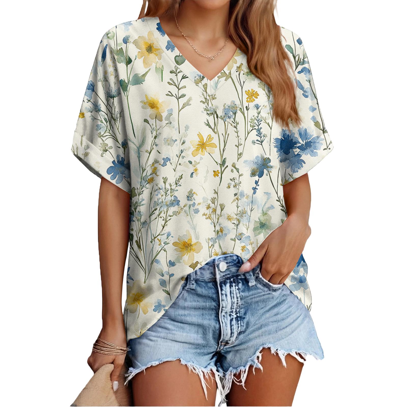 

Women s Fashionable Casual Everyday Versatile Floral Print Slim-Fit Summer Short-Sleeve Top XL кавун червоний колір