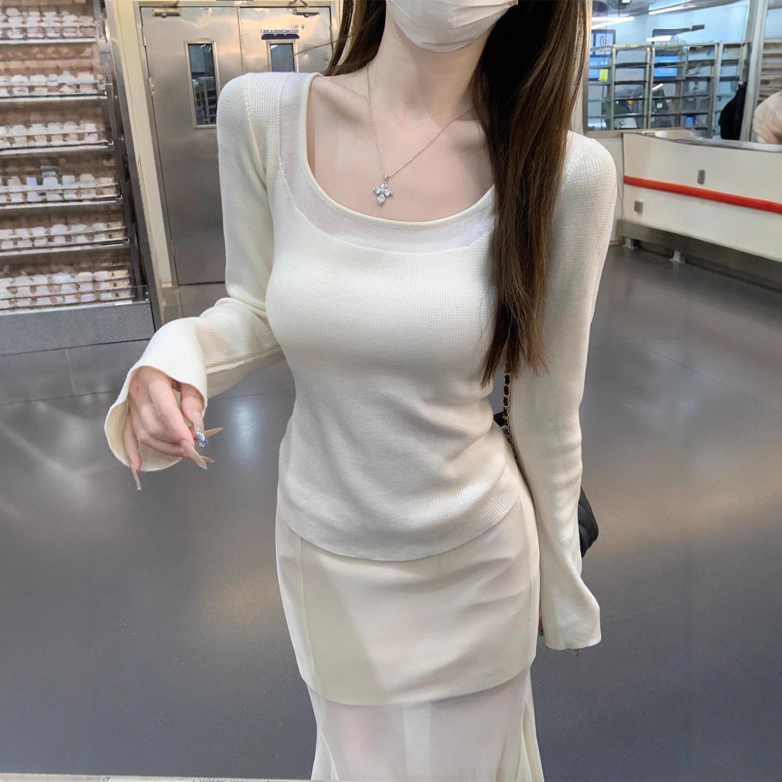 

Korean Style Square Neck Patchwork Knitted Sweater - Women s Autumn/Winter Chic Design Base Layer One Size зелений