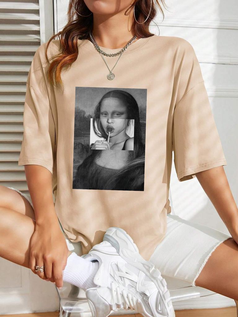 Mona Lisa Drinking Beverages Womens Tshirt Summer Breathable Casual T Shirt Loose Soft Tops Hip Hop Oversize Fashion Clothes
