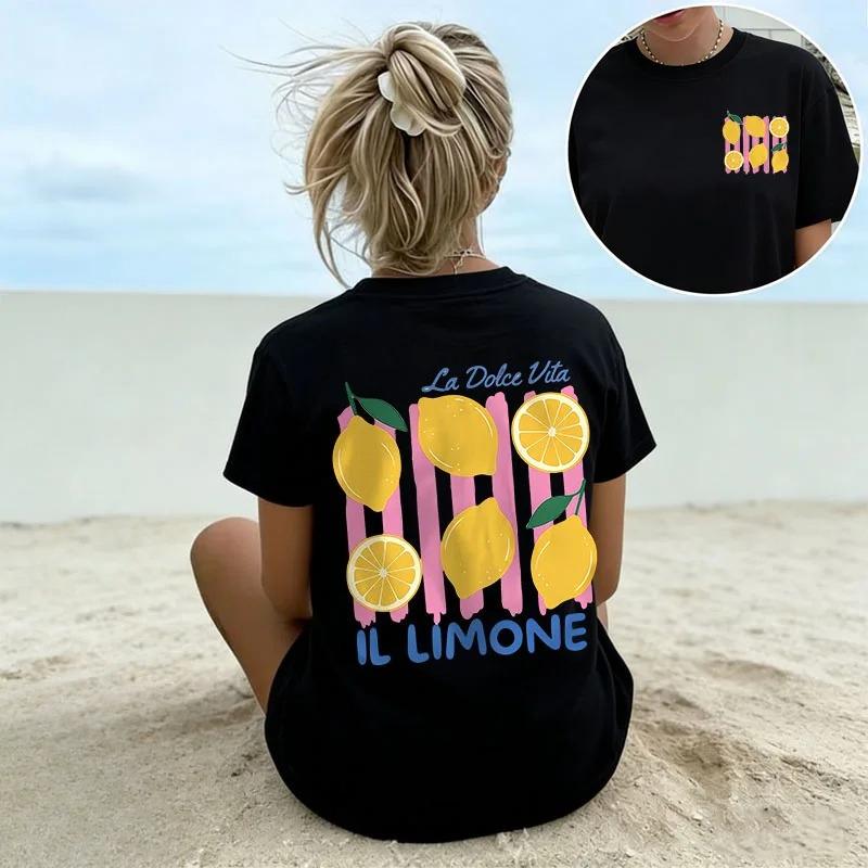 Unisexs Dolce Vita Lemon Print Tshirt Summer Vacation Casual Short Sleeve Tee Daily Wear Retro Top Minimalist