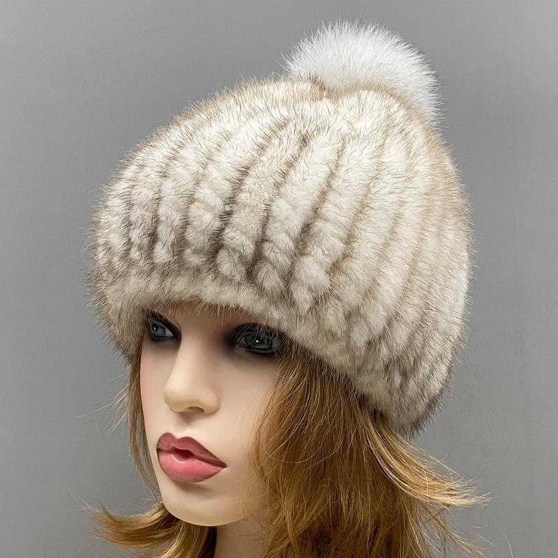 

Зимние шапки для женщин с помпоном, теплые шапки из натурального меха норки, толстые головные уборы, классическая популярная женская стильная вязаная шапка One Size