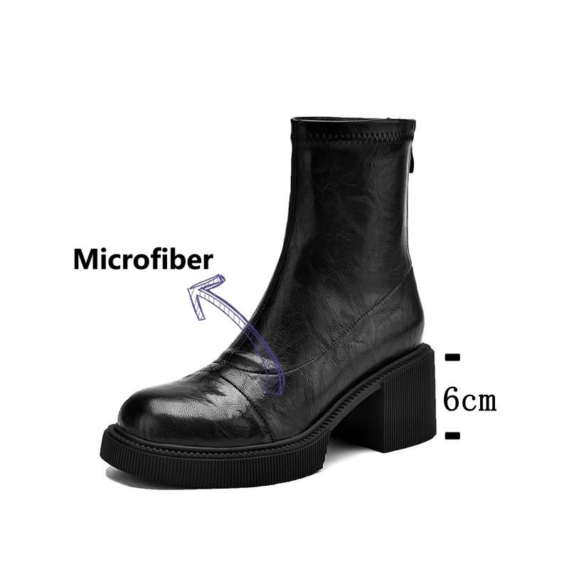 Krazing Pot Microfiber Autumn Winter Shoes Chunky Heels Size 40 Round Toe Zipper Retro Waterproof Stretch Ankle Boots