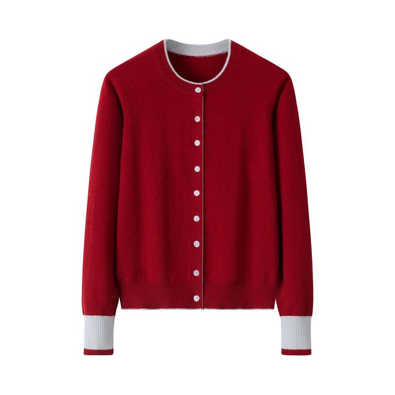 Women's Pure Cashmere Color Block Knit Cardigan - Button-Up, Round Neck, Versatile for Autumn and Winter.