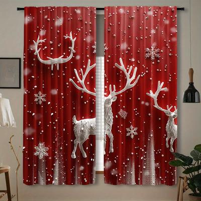 2 Stück Rentier-Weihnachtsvorhänge - Festliches Rot & Weiß Schneeflocken-Design   Stangentasche Fensterdekoration für Schlafzimmer   Wohnzimmer   K