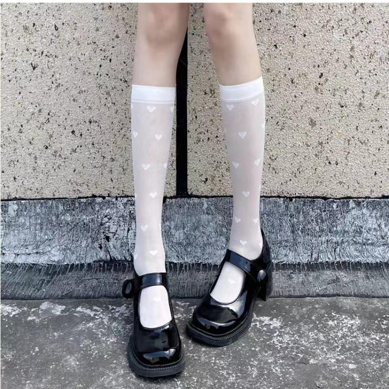 Koreanischer Lolita-Stil JK-Frauen, weiße und schwarze Schulstrümpfe, Mädchen, Herzdruck, japanische Kawaii, süße transparente kniehohe lange Socken