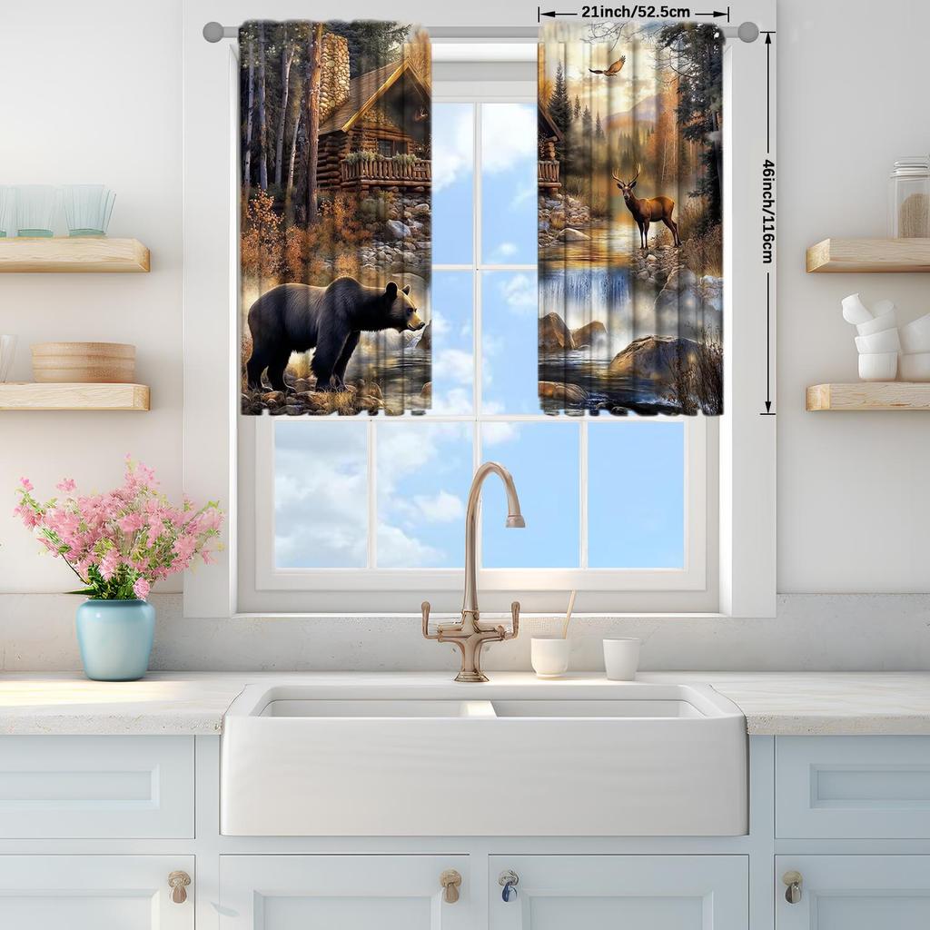 2-Panels Autumn Forest Cabin and Animals Decorative Curtains   Semi Transparent Without Lining   Durable Polyester Fiber Curtains