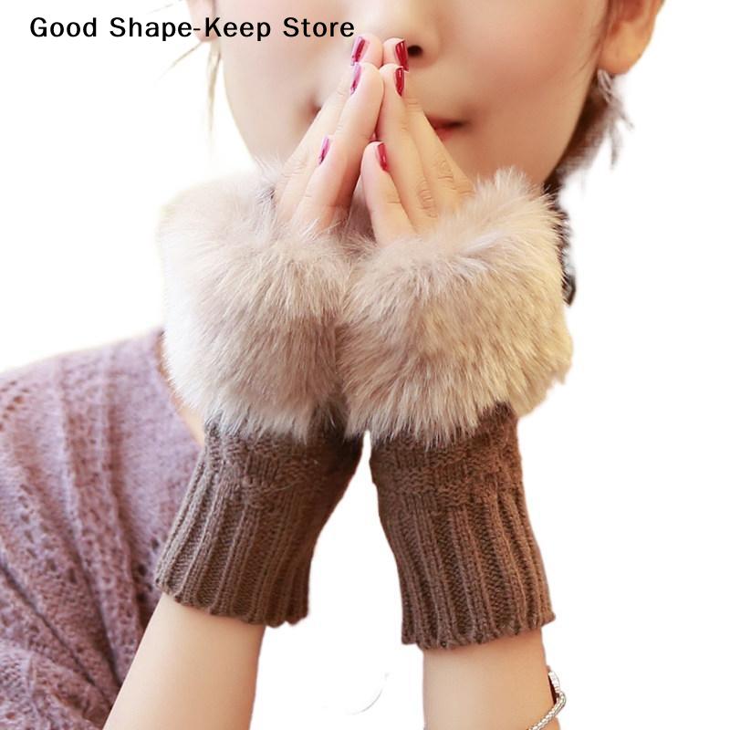 Women Cute Lovely Sweety Smooth Soft Writing Drive Autumn Winter Keep Warm Plush Knitted Woolen Splicing Half Finger Gloves