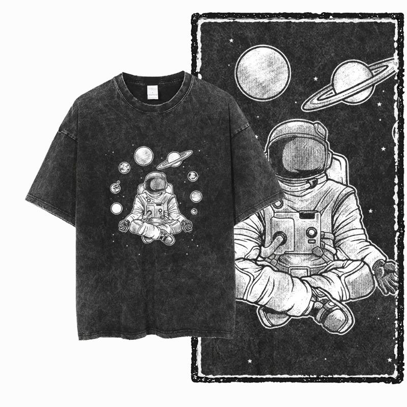 Vintage Space Station T Shirt Men Retro Space Graphic Tee Casual Streetwear Short Sleeve Tops