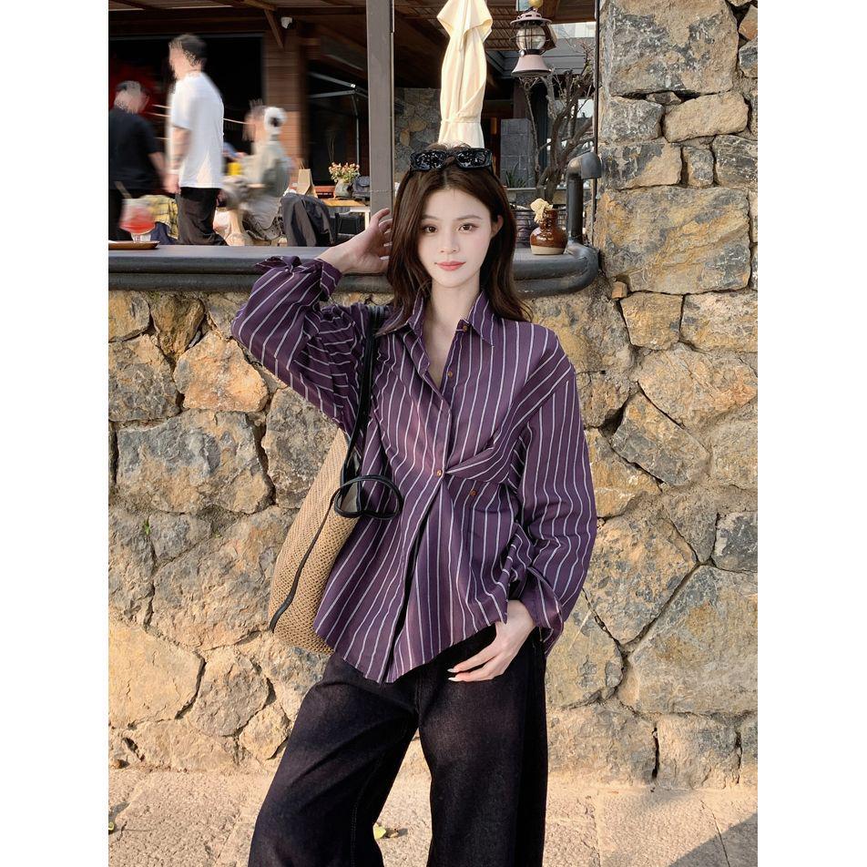 

Women s Purple Striped Korean-Style Long-Sleeve Polo Top - New Autumn Loose Fit M