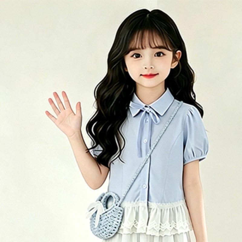 Girls Summer Preppy 2 Piece Set Ruffle Short Sleeve Shirt And Tiered Cake Skirt Outfit For Big Kids
