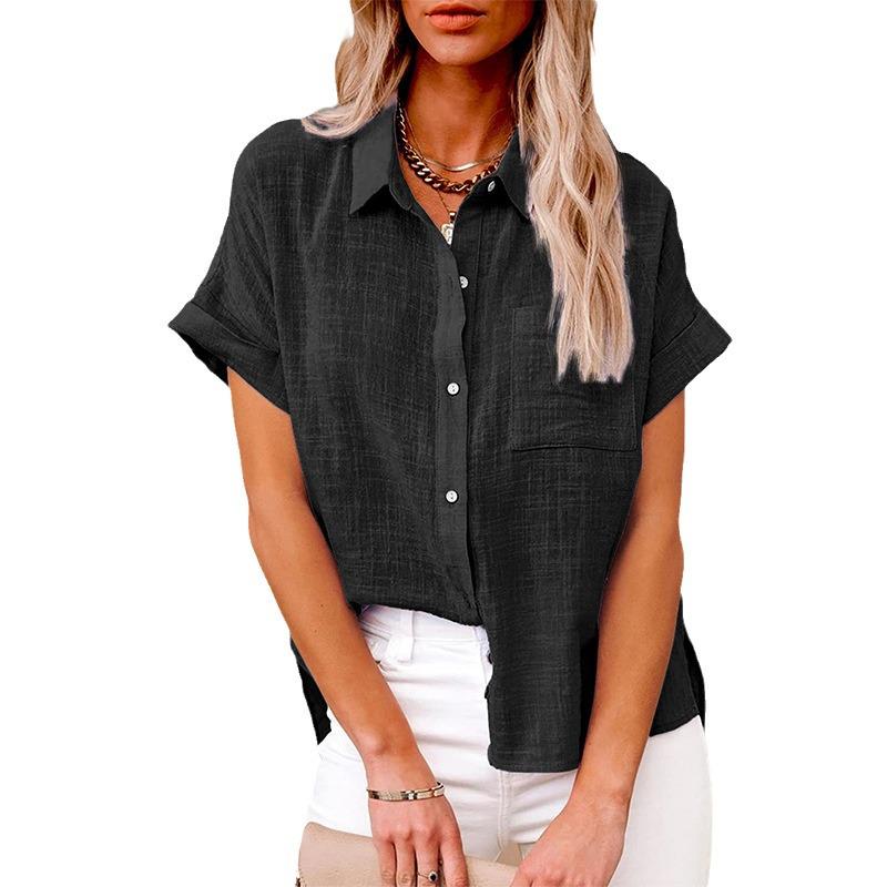 2025 Spring/Summer Women's Chiffon Pocket Button Short Sleeve Shirt - European and American Style Hot Item