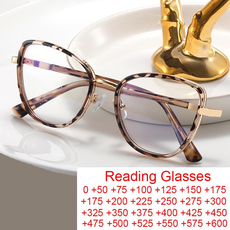 Leopard Cat Eye Reading Glasses Anti Blue Light Women Ultralight TR90 Far Sight Optical Eyewear Prescription