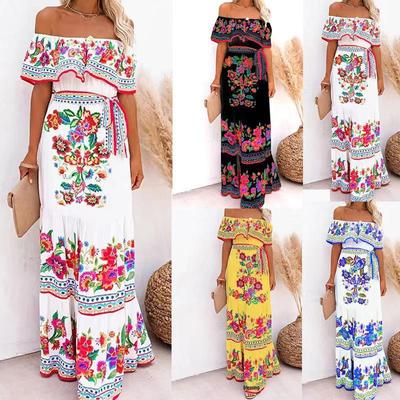 Robe Longue Bohème Rouge à Fleurs à Épaules Dénudées - Style Ethnique de Vacances pour Femmes