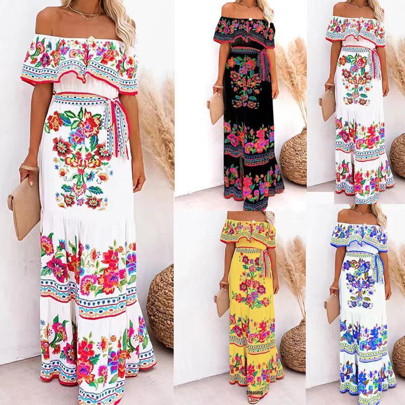 Bohemian Off-Shoulder Red Floral Long Dress - Women's Ethnic Vacation Style