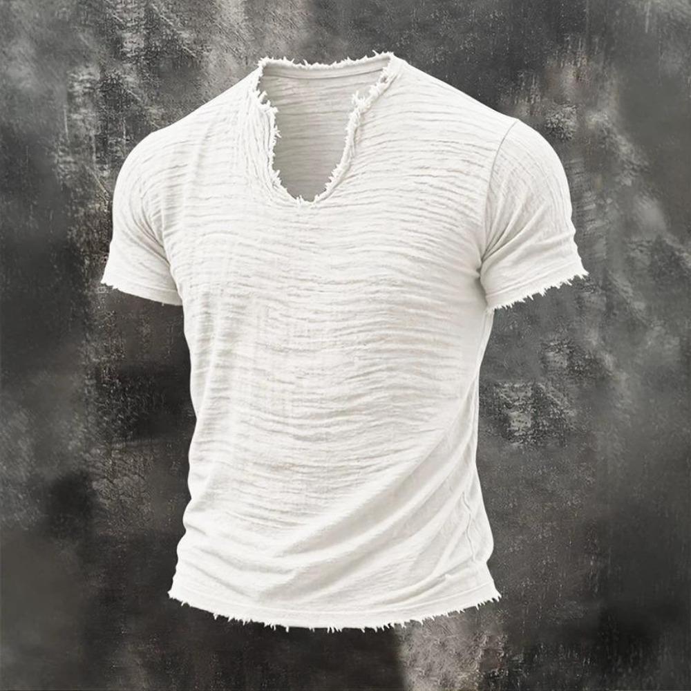 2026 Solid-color Men's Retro Cotton-Linen Mustache Edge Special V-Neck Short-Sleeve T-Shirt