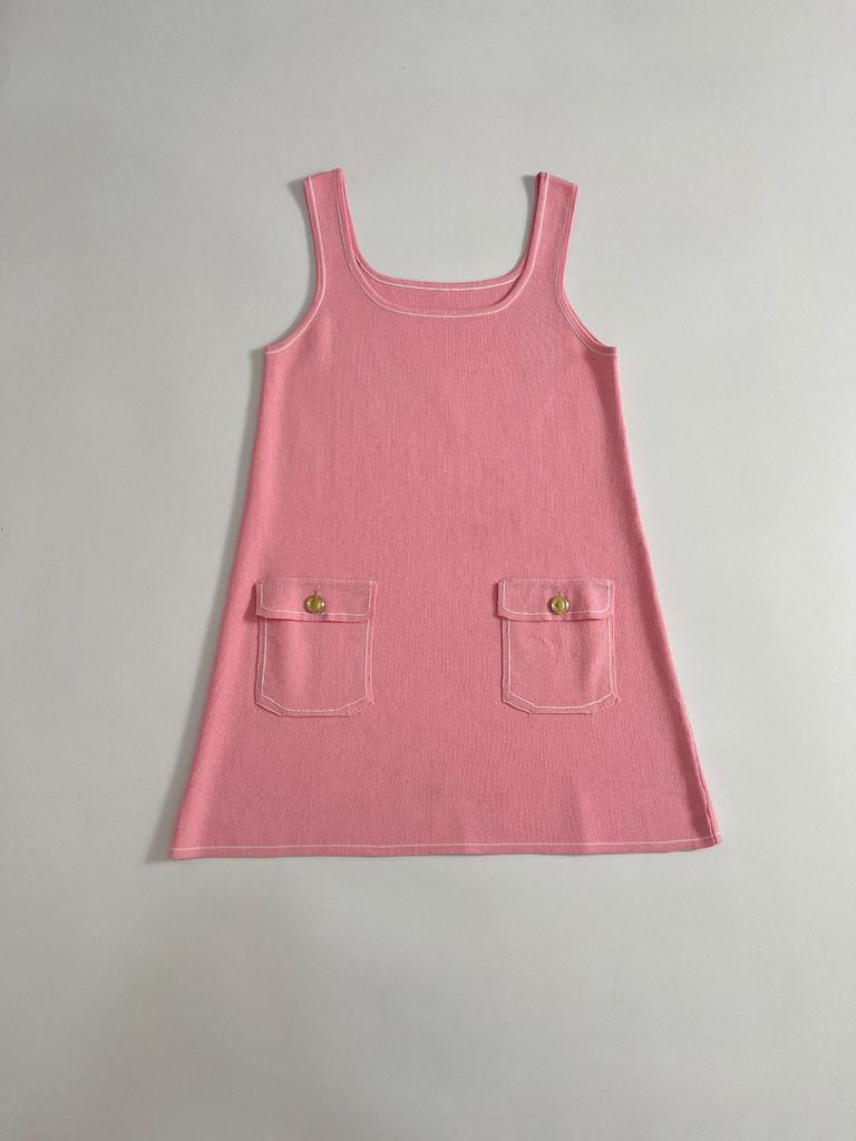 2025 Summer Women's French Sweet Casual Knit Sleeveless Dress with Pocket Brooch